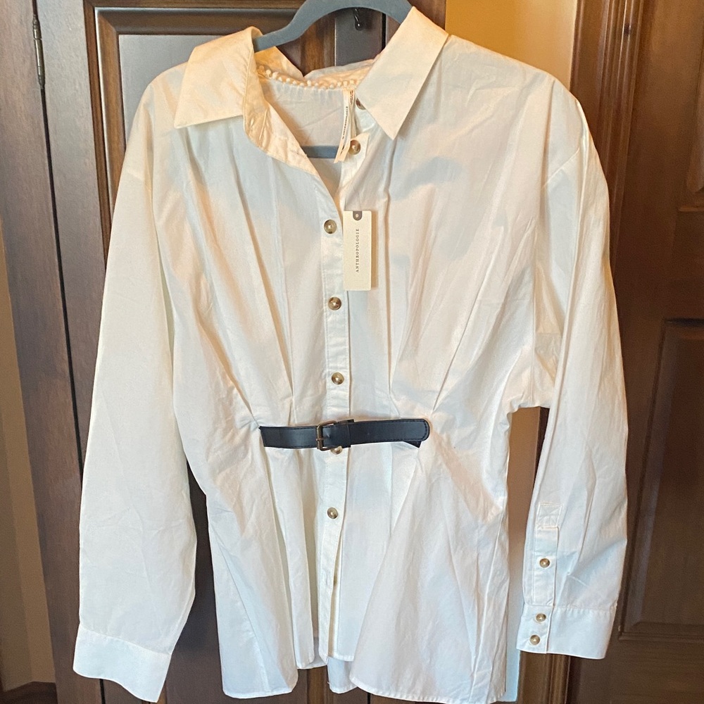 Anthropologie White Button Down Shirt with Black Belt